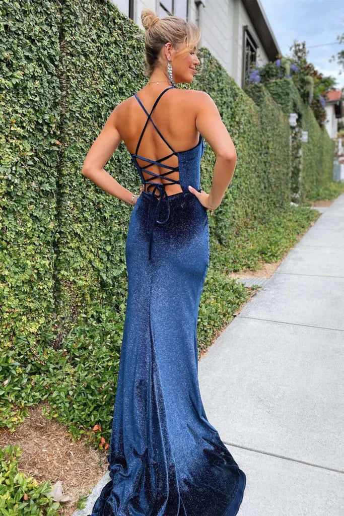 Mermaid Navy Blue Velve Backless Long Prom Dresses with High Slit, Mer morievent Mermaid Navy Blue Velve Backless Long Prom Dresses with High Slit, Mer morievent