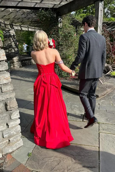 Off the Shoulder Beaded Red Satin Long Prom Dresses with High Slit, Off Shoulder Red Formal Evening Dresses