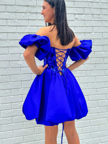 Strapless Mirror Sequins Royal Blue Short Prom Dresses, Short Royal Blue Mirror Sequins Formal Graduation Evening Homecoming Dresses