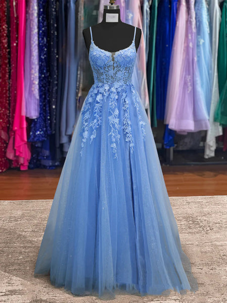 V Neck Open Back Blue Lace Prom Dresses Long, Blue Lace Formal Dresses, Blue Evening Dresses