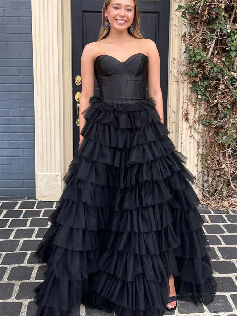 Sweetheart Neck Strapless Black Ruffle Tulle Long Prom Dresses, Sweeth morievent Sweetheart Neck Strapless Black Ruffle Tulle Long Prom Dresses, Sweeth morievent