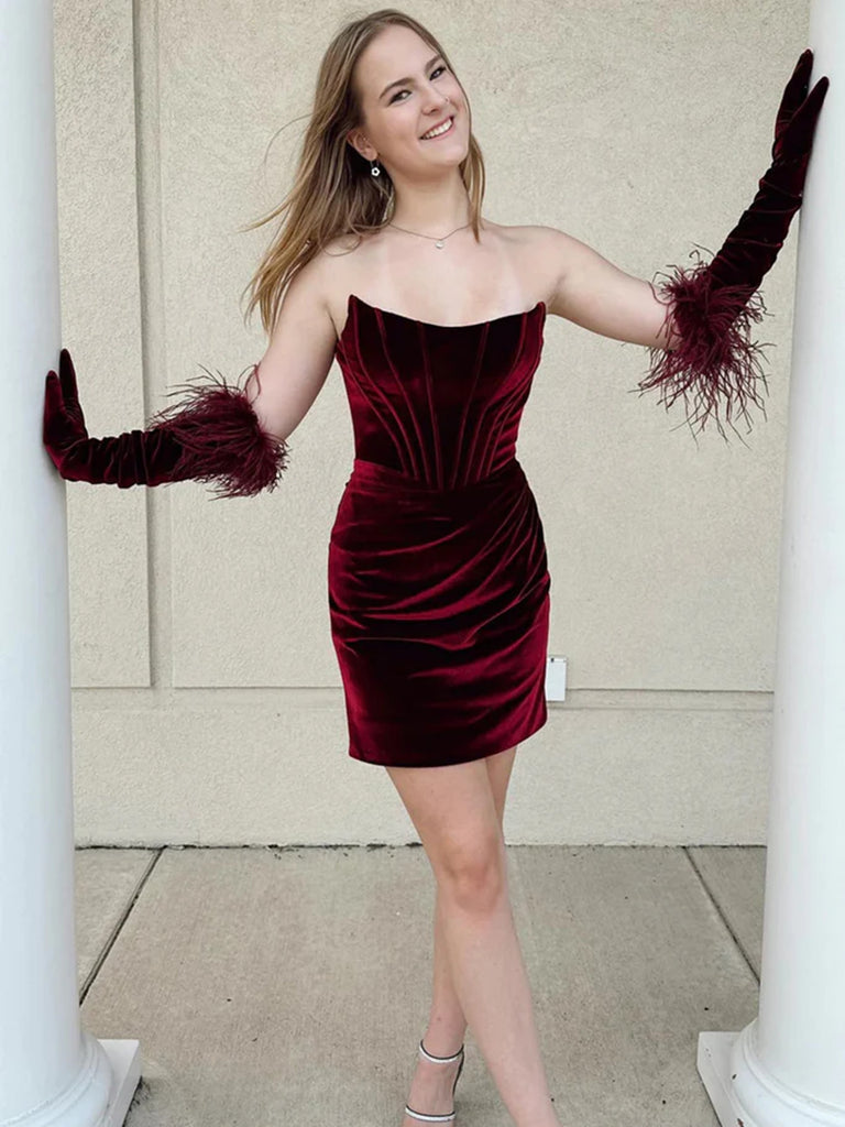 Strapless Burgundy Velvet Mermaid Short Prom Dresses, Mermaid Wine Red morievent Strapless Burgundy Velvet Mermaid Short Prom Dresses, Mermaid Wine Red morievent