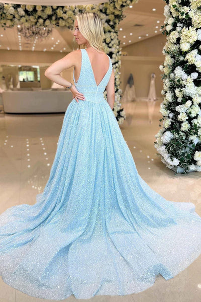 A Line V Neck Light Blue Sequins Long Prom Dresses,  Light Blue Sequins Long Formal Graduation Evening Dresses