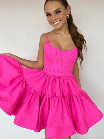 Cute A Line Scoop Hot Pink Short Prom Dresses, Short Hot Pink Scoop Formal Evening Homecoming Dresses