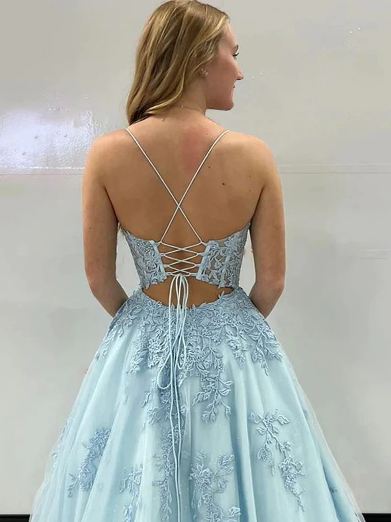 A Line Open Back Light Blue Lace Long Prom Dresses, Light Blue Backles morievent A Line Open Back Light Blue Lace Long Prom Dresses, Light Blue Backles morievent