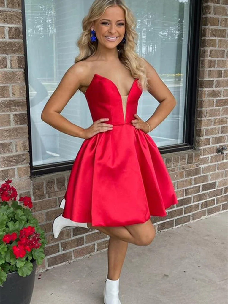 Deep V Neck Short Red Satin Prom Dresses, V Neck Red Short Satin Forma morievent Deep V Neck Short Red Satin Prom Dresses, V Neck Red Short Satin Forma morievent