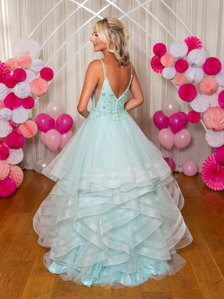 V Neck Fluffy Mint Green Lace Long Prom Dresses, Mint Green Lace Formal Evening Dresses, Mint Green Lace Long Ball Gown