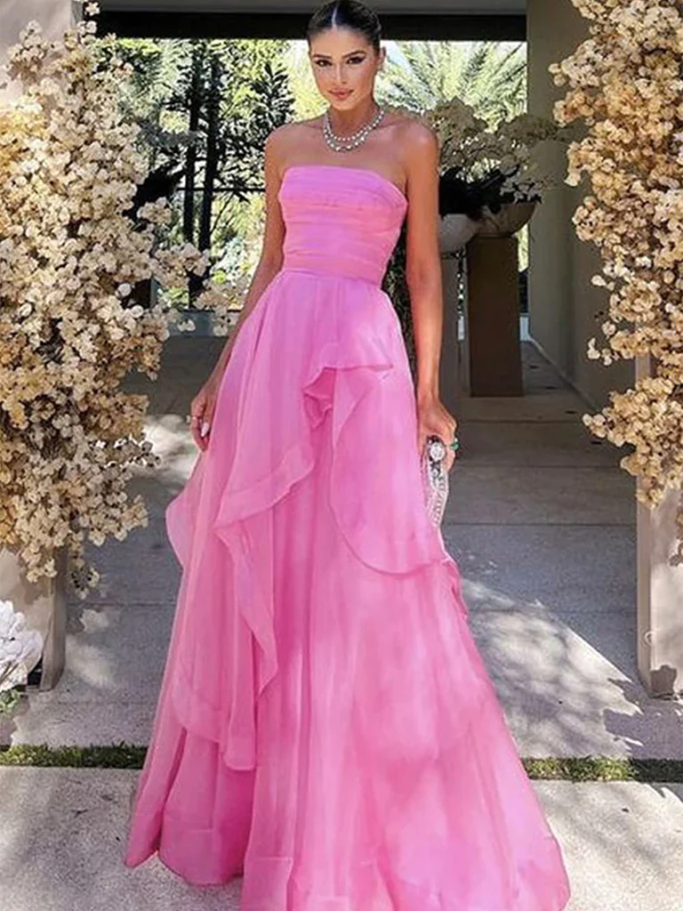 Elegant Strapless Layered Pink Prom Long Dresses, Strapless Pink Forma morievent Elegant Strapless Layered Pink Prom Long Dresses, Strapless Pink Forma morievent