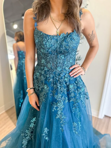 Spaghetti Straps Blue Lace Long Prom Dresses, A Line Dark Blue Lace Formal Graduation Evening Dresses