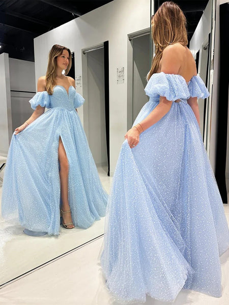 Shiny A Line Sweetheart Neck Off Shoulder Blue Tulle Long Prom Dresses, Off The Shoulder Tulle Blue Formal Evening Dresses