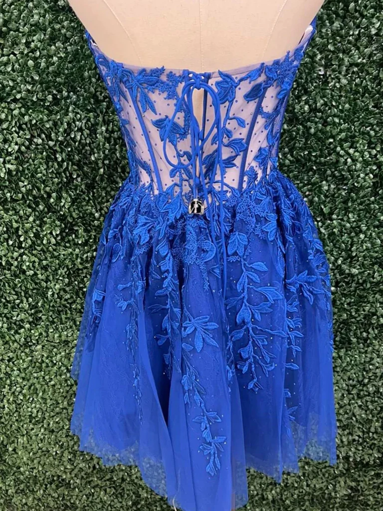 Strapless Blue Lace Short Prom Dresses, Short Blue Lace Formal Evening