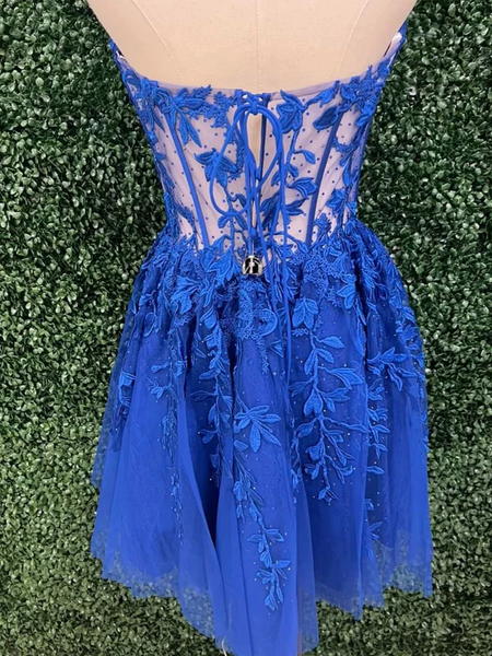 Strapless Blue Lace Short Prom Dresses, Short Blue Lace  Formal Evening Homecoming Dresses