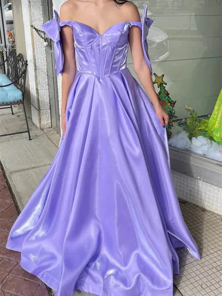 A Line Off Shoulder Lilac Satin Long Prom Dresses with Bow, Off the Shoulder Long Lilac Formal Graduation Evening Dresses