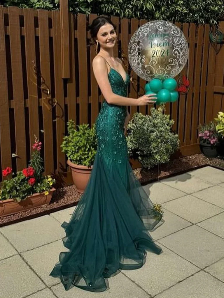 V Neck Mermaid Green Lace Long Prom Dresses, Long Green Lace Mermaid F morievent V Neck Mermaid Green Lace Long Prom Dresses, Long Green Lace Mermaid F morievent