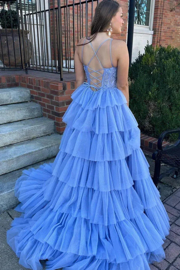 A Line V Neck Open Back Layered Lilac Lace Long Prom Dresses, Lilac Ba morievent A Line V Neck Open Back Layered Lilac Lace Long Prom Dresses, Lilac Ba morievent