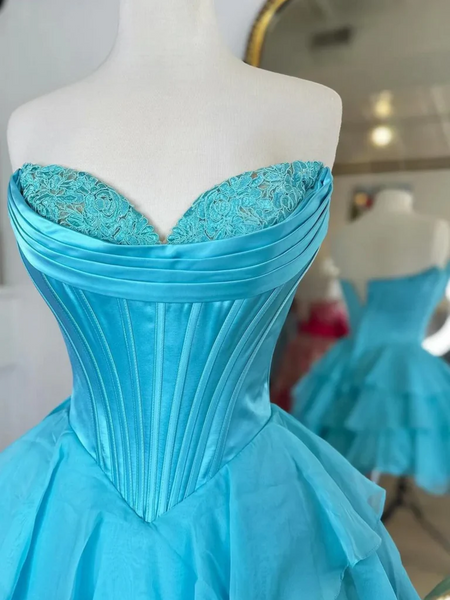 Short Sweetheart Neck Blue Layered Prom Dresses, Short Layered Formal Evening Graduation Dresses