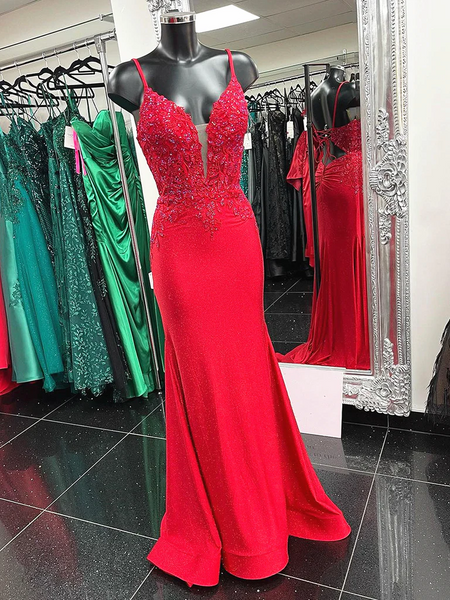 Red Mermaid Lace Prom Dresses, V Neck Red Mermaid Lace Formal Evening Dresses
