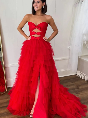 Strapless Red Ruffle Tulle Long Prom Dresses with Train,  Red Ruffle Tulle Long Formal Evening Graduation Dresses with High Slit