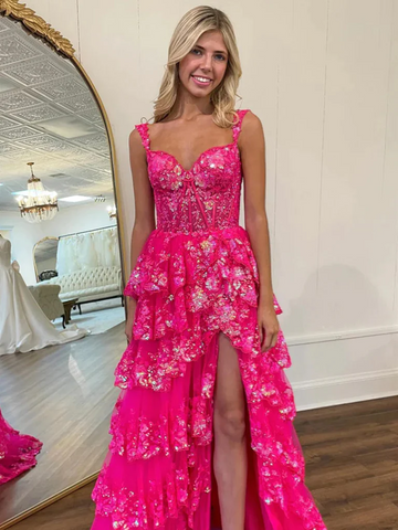A Line Hot Pink Lace Floral Long Prom Dresses with High Split,  Hot Pink Lace Layered Formal  Evening Graduation Dresses