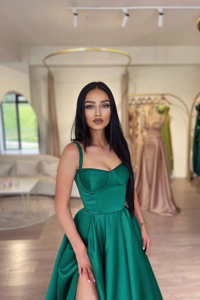 Simple A Line Green Satin Long Prom Dresses with High Slit, Green Satin Evening Party Dresses