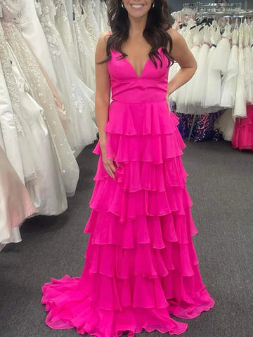 A Line V Neck Spaghetti Straps Pink Yellow Layered  Prom Dresses, Layered Long Formal Evening Dresses
