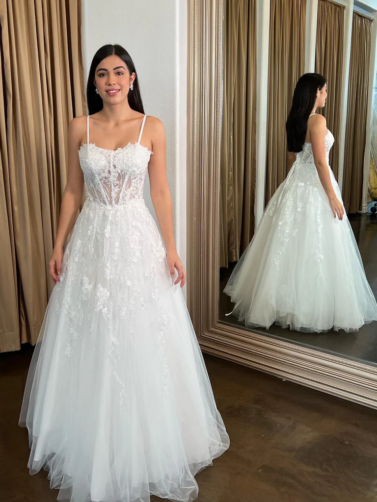 A Line Spaghetti Straps White Lace Long Prom Dresses, White Lace Formal Evening Dresses