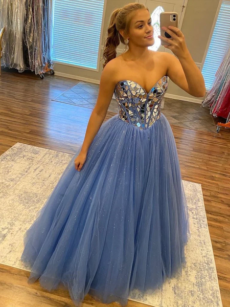 Shiny Sequins Strapless Blue Tulle Long Prom Dresses, Strapless Blue Formal Evening Dresses