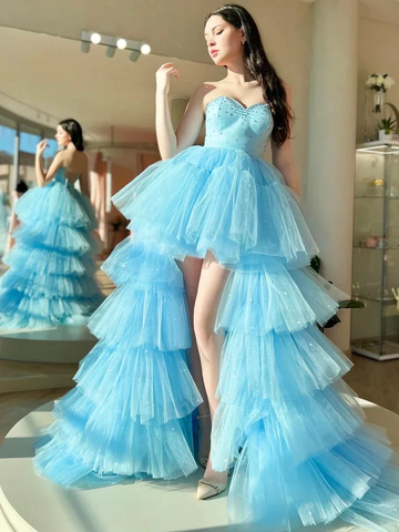 Blue Sweetheart Neck Open Back Strapless Beaded High Low Tulle Long Prom Dresses, Beaded Backless Blue High Low Formal Evening Dresses