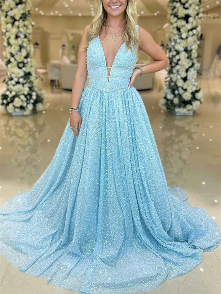 A Line V Neck Light Blue Sequins Long Prom Dresses, Light Blue Sequins morievent A Line V Neck Light Blue Sequins Long Prom Dresses, Light Blue Sequins morievent