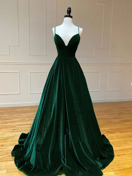 Simple A Line V Neck Velvet Green Long Prom Dresses, Simple A Line V Neck Velvet Green Long Formal Evening Dresses