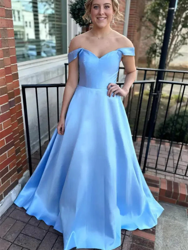 Simple Off The Shoulder Light Blue Satin Long Prom Dresses, Off Should morievent Simple Off The Shoulder Light Blue Satin Long Prom Dresses, Off Should morievent