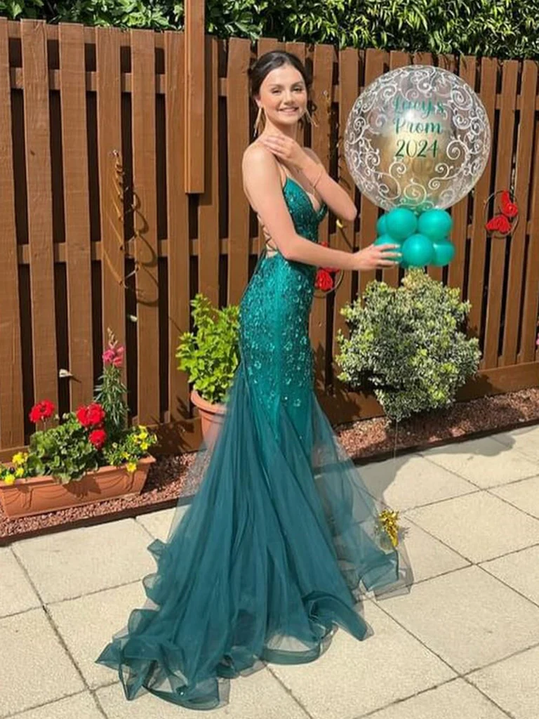 V Neck Mermaid Green Lace Long Prom Dresses, Long Green Lace Mermaid F morievent V Neck Mermaid Green Lace Long Prom Dresses, Long Green Lace Mermaid F morievent