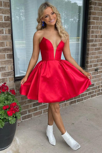 Deep V Neck Short Red Satin Prom Dresses, V Neck Red Short Satin Formal Graduation Evening Dresses, Red Short Homecoming Dresses