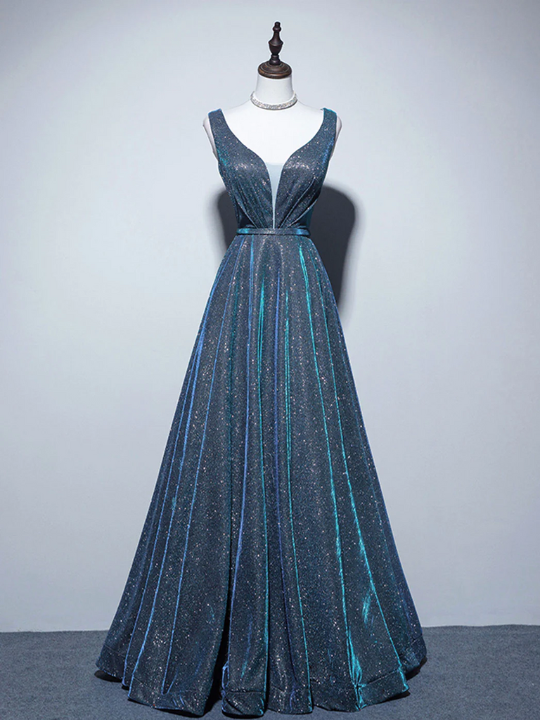 A Line V Neck Blue Long Prom Dresses, Blue Stain Long Formal Evening Dresses