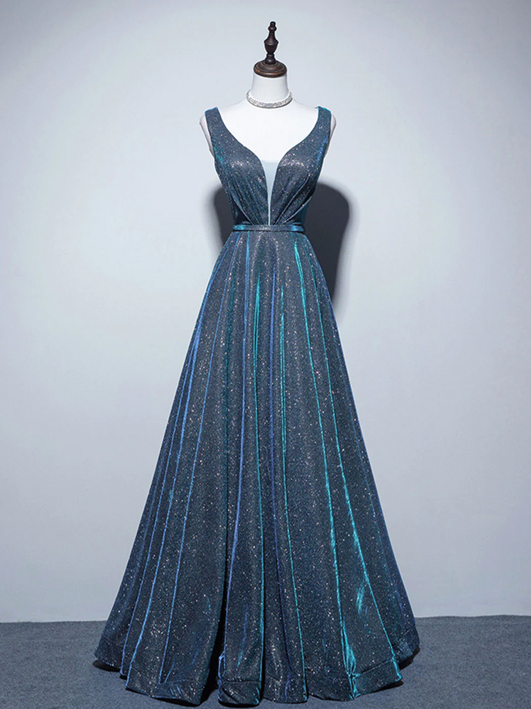 A Line V Neck Blue Long Prom Dresses, Blue Stain Long Formal Evening D – morievent