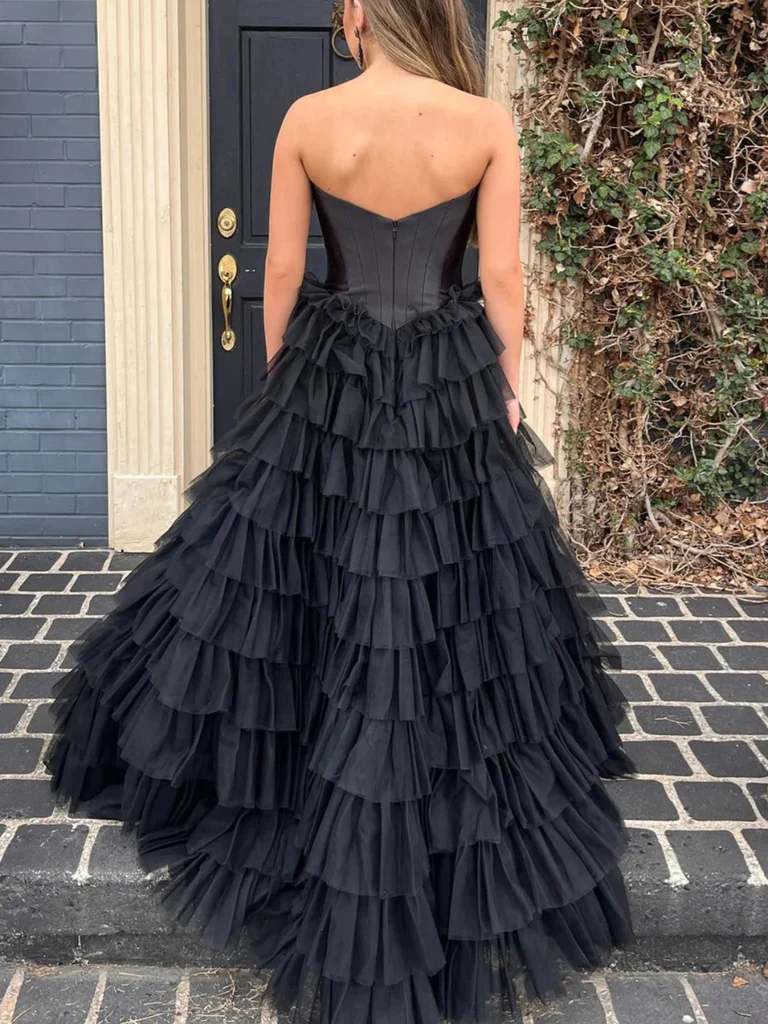 Sweetheart Neck Strapless Black Ruffle Tulle Long Prom Dresses, Sweeth morievent Sweetheart Neck Strapless Black Ruffle Tulle Long Prom Dresses, Sweeth morievent