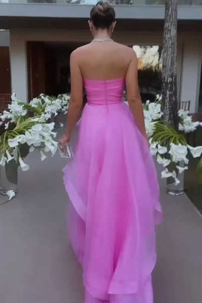 Elegant Strapless Layered Pink Prom Long Dresses, Strapless Pink Formal Graduation Evening Dresses