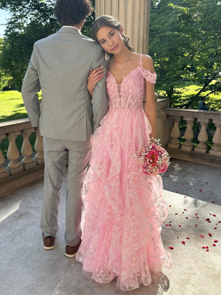 Off The Shoulder V Neck Fluffy Pink Lace Floral Long Prom Dresses with morievent Off The Shoulder V Neck Fluffy Pink Lace Floral Long Prom Dresses with morievent