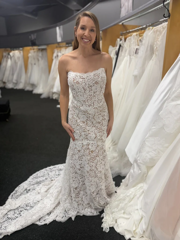 Strapless Mermaid White Lace Long Prom Dresses with Train, Mermaid White Formal Evening Dresses