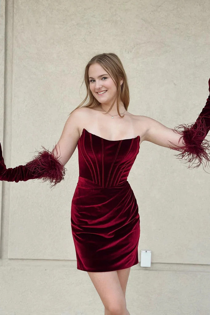 Strapless Burgundy Velvet Mermaid Short Prom Dresses Mermaid Wine Red Short Formal Evening Homecoming Dresses