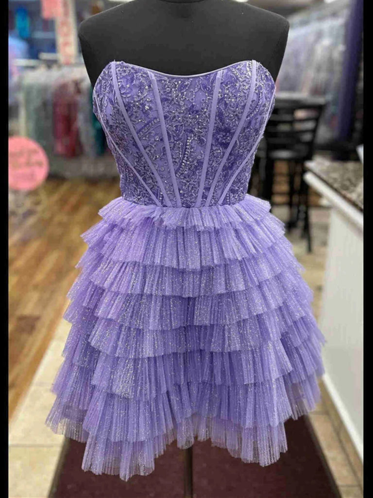 Short Shiny Strapless Layered Lilac Lace Prom Dresses, Short Lilac Lac morievent Short Shiny Strapless Layered Lilac Lace Prom Dresses, Short Lilac Lac morievent