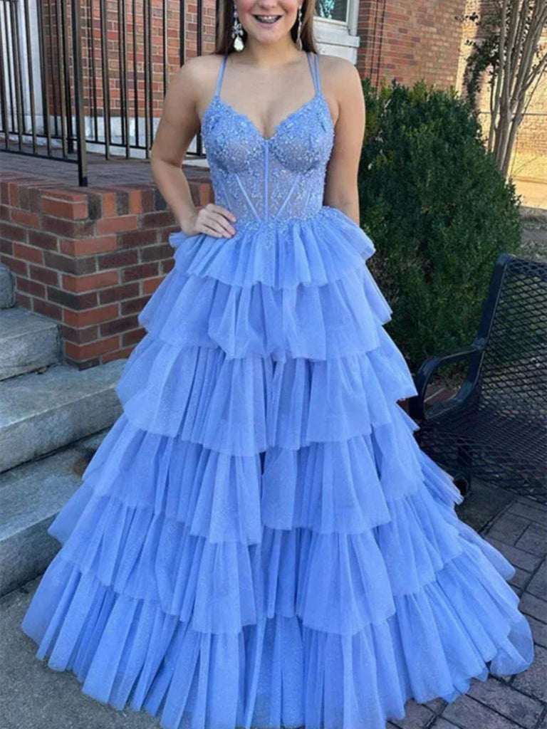 A Line V Neck Open Back Layered Lilac Lace Long Prom Dresses, Lilac Ba morievent A Line V Neck Open Back Layered Lilac Lace Long Prom Dresses, Lilac Ba morievent