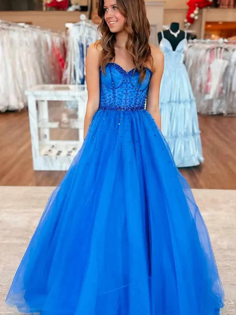 A Line Sweetheart Neck Beaded Blue Tulle Long Prom Dresses, Sweetheart Neck Blue Long Formal Evening Graduation Dresses A Line Sweetheart Neck Beaded Blue Tulle Long Prom Dresses, Sweetheart Neck Blue Long Formal Evening Graduation Dresses