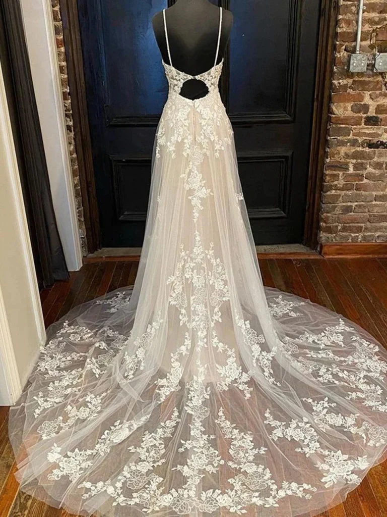 V Neck Open Back Ivory Lace Long Prom Dresses with Train, Ivory Lace W morievent V Neck Open Back Ivory Lace Long Prom Dresses with Train, Ivory Lace W morievent