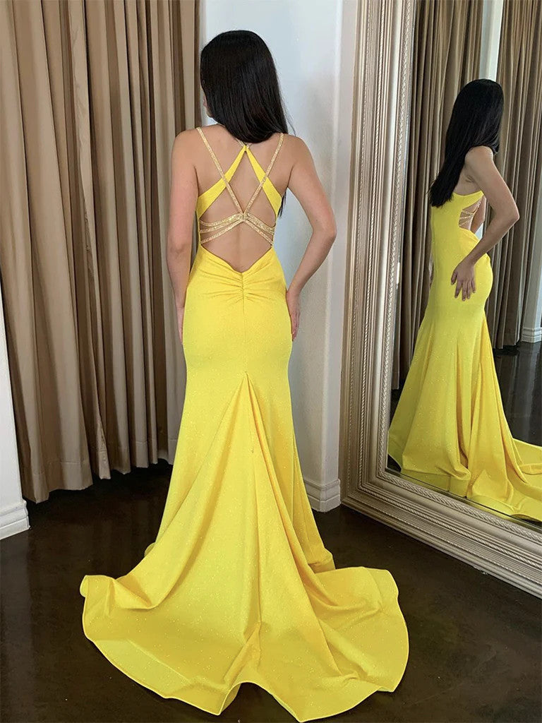 yellow silk prom dress open back Empire-Waist Long V-Neck Prom Dress with Back Drape Kelly / XLarge