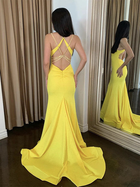 Simple Backless Mermaid Satin Yellow Long Prom Dresses, Open Back Mermaid Satin Yellow Long Formal Evening Dresses