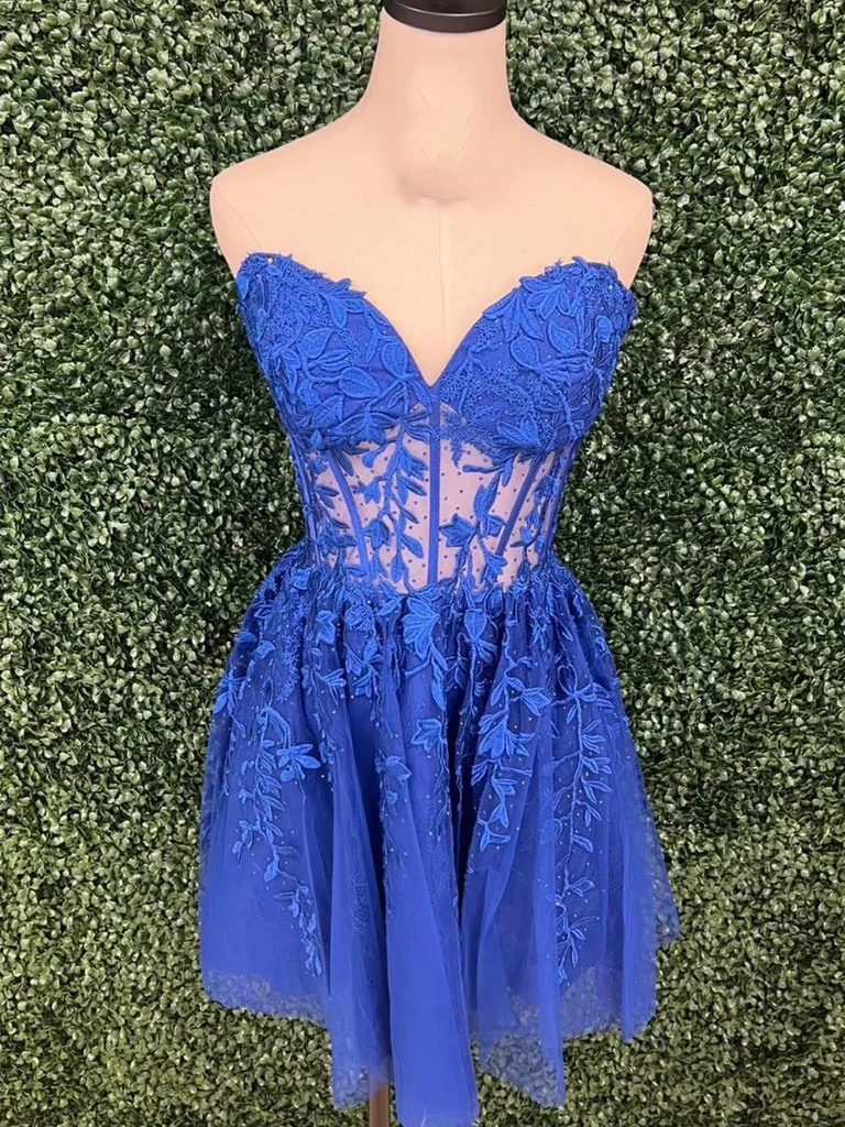 Strapless Blue Lace Short Prom Dresses, Short Blue Lace Formal Evening morievent Strapless Blue Lace Short Prom Dresses, Short Blue Lace Formal Evening morievent