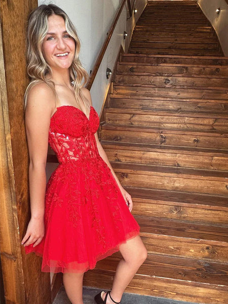 Sweetheart Neck Strapless Red Lace Prom Dresses, Red Lace Formal Graduation Evening Homecoming Dresses