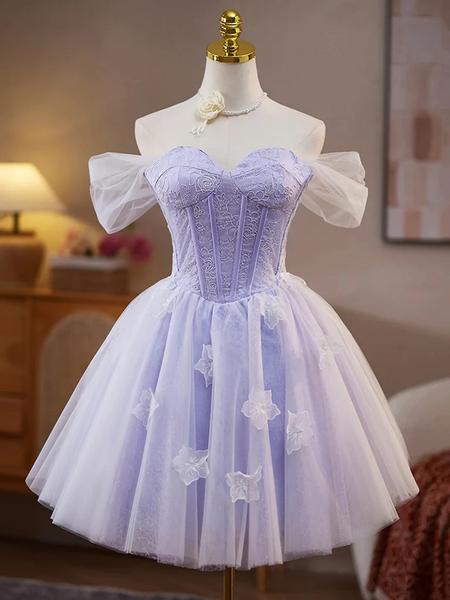 A Line off Shoulder Short Purple Lace Prom Dresses, Short off The Shoulder Lilac Purple Lace Formal Evening Homecoming Dresses