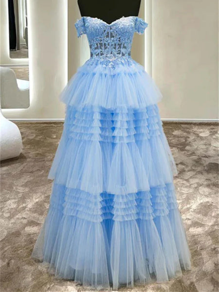 Off Shoulder Light Blue Lace Long Prom Dresses, Light Blue Lace Formal Evening Dresses